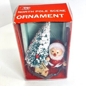 Kmart Vintage Christmas Ornament 5" North Pole Scene Wooden Santa Tree Reindeer